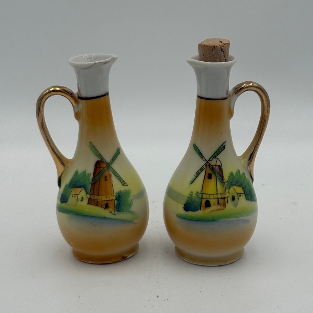 Vintage Hand Painted Japan Porcelain Windmill Cruet Set Gold Handle 2pc